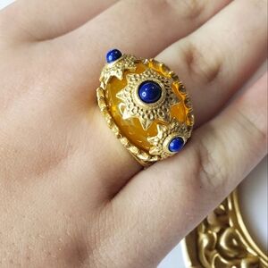 Chunky Byzantine Hammered Sun Lucite Lapis Lazuli Statement Ring